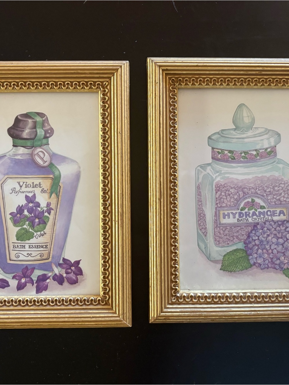Set of 2 Framed Floral Apothecary Prints - Gold Frames, Lavender & Green